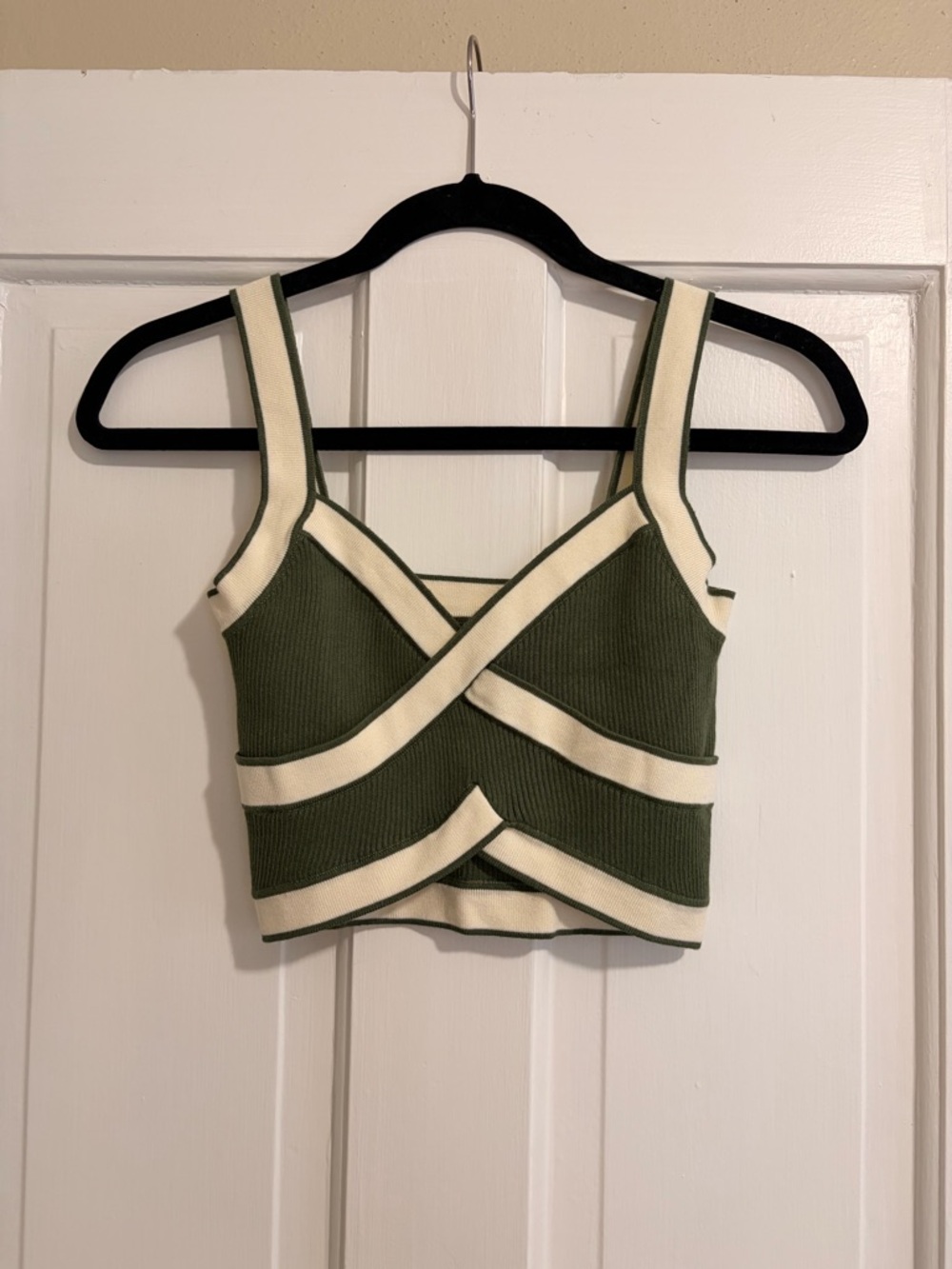 Cider Olive Green and Cream Cropped Cross-Front Tank